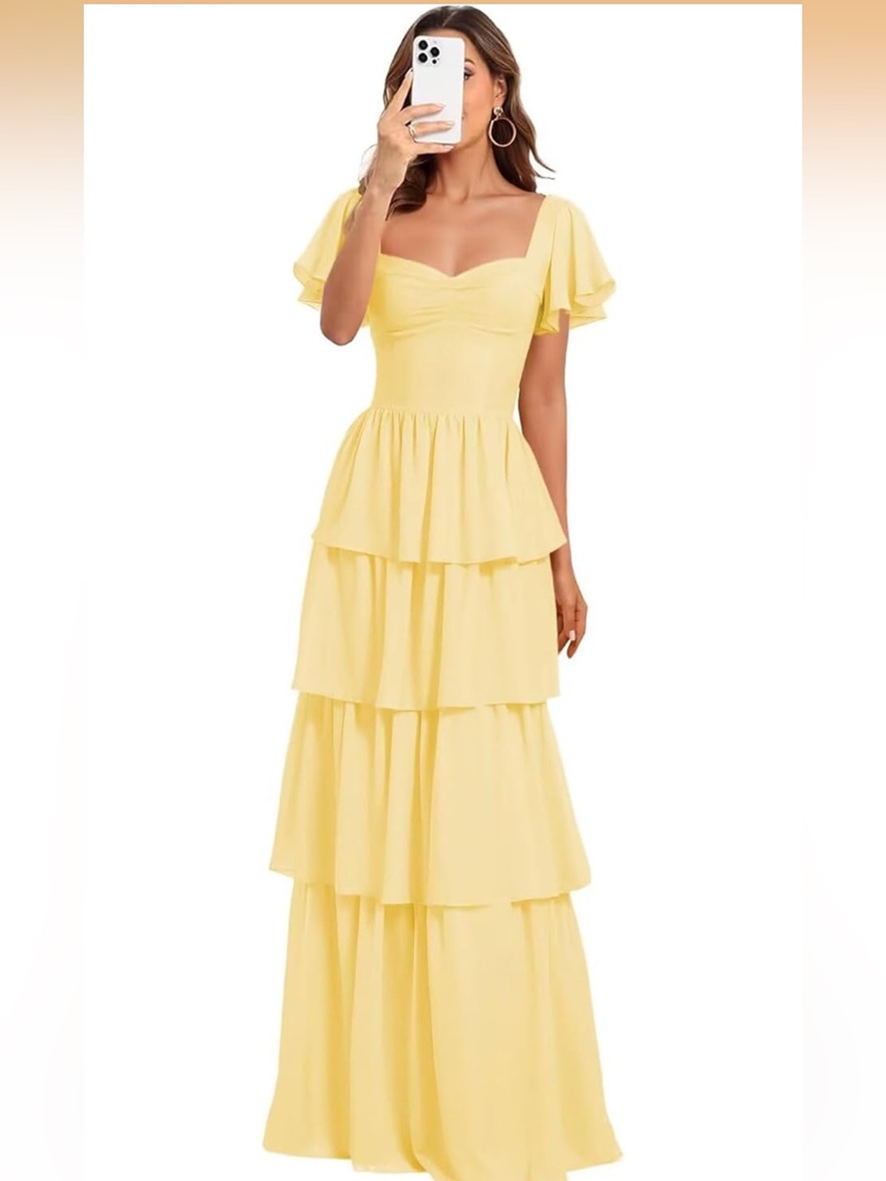 Yellow Tiered Flutter-Sleeve Maxi Dress with corset at the back
